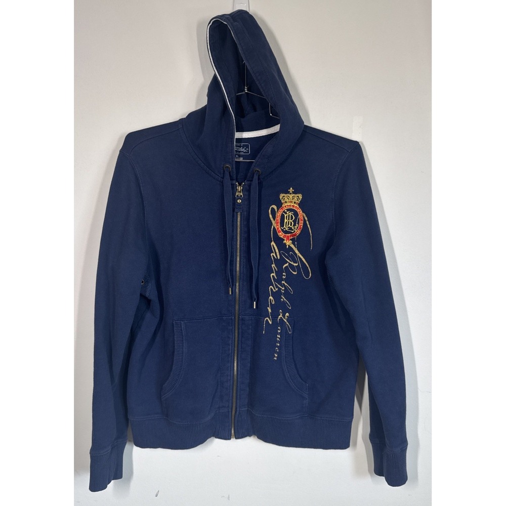 VTG Lauren Jeans Co Navy Blue Crested Full Zip Hoodie Women's XL Coastal Preppy